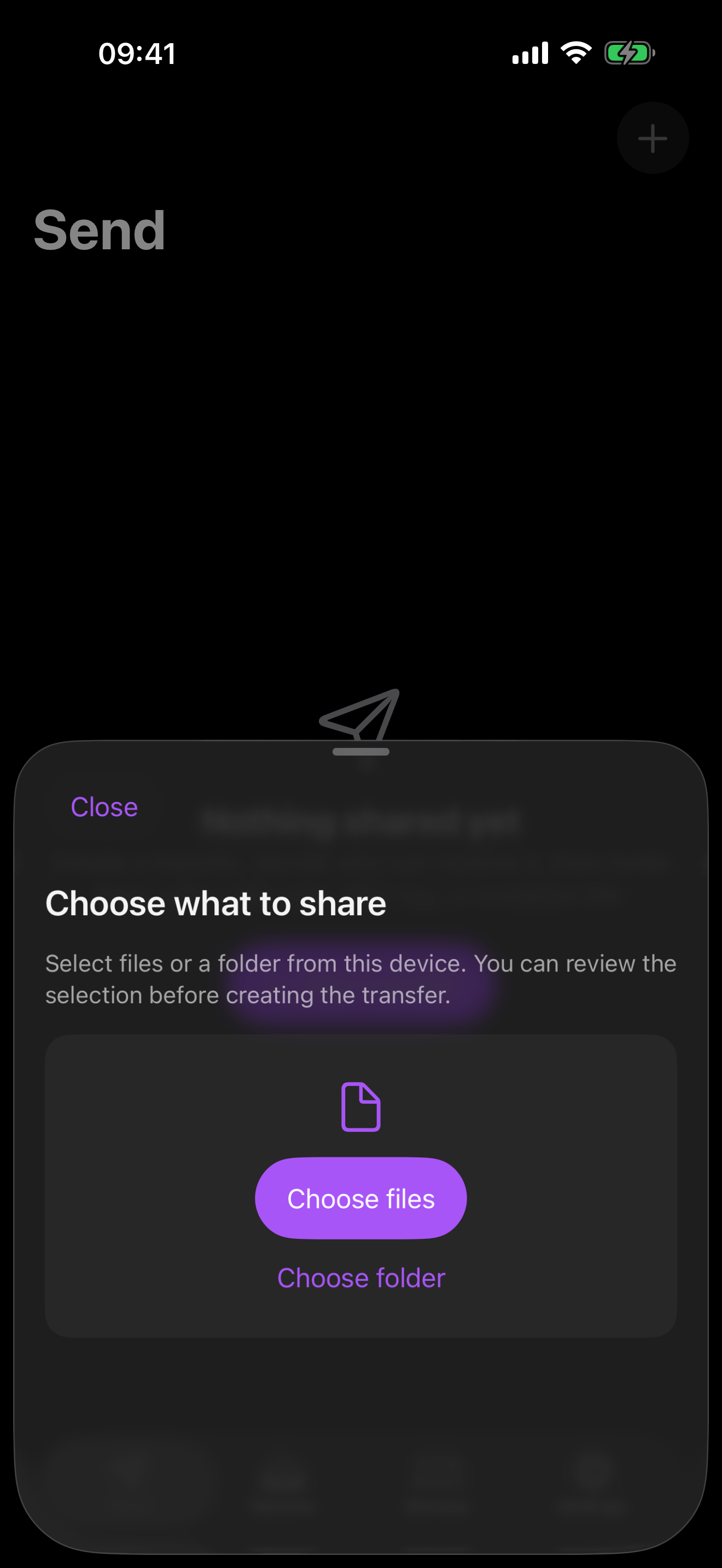 Native iPhone new-transfer sheet with options to choose files or a folder.