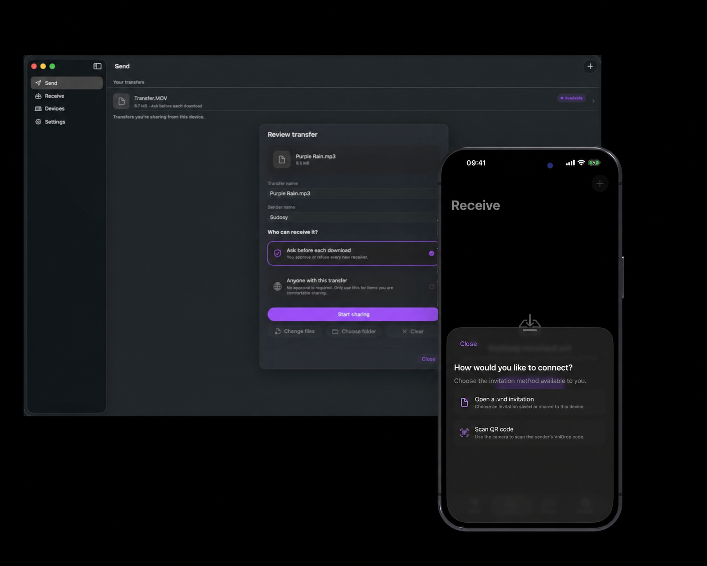 VniDrop on macOS reviewing a transfer, and on iPhone choosing how to connect: a .vnd file or a QR code.