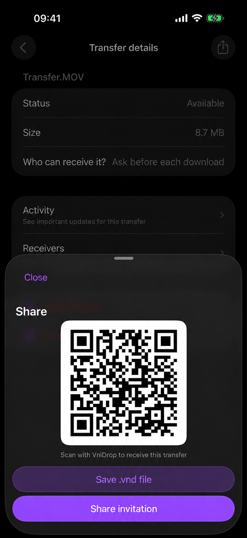 Native iPhone share sheet with a QR code for the transfer invitation.